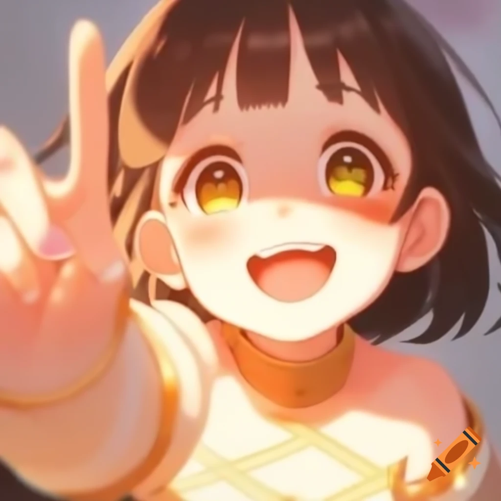 Anime girl with peace sign and sparkling eyes, cheerful pose