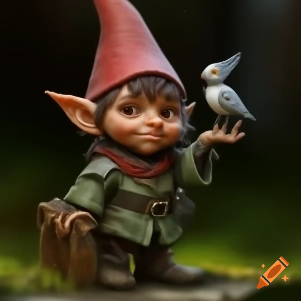 Evil young gnome with a single robotic bird
