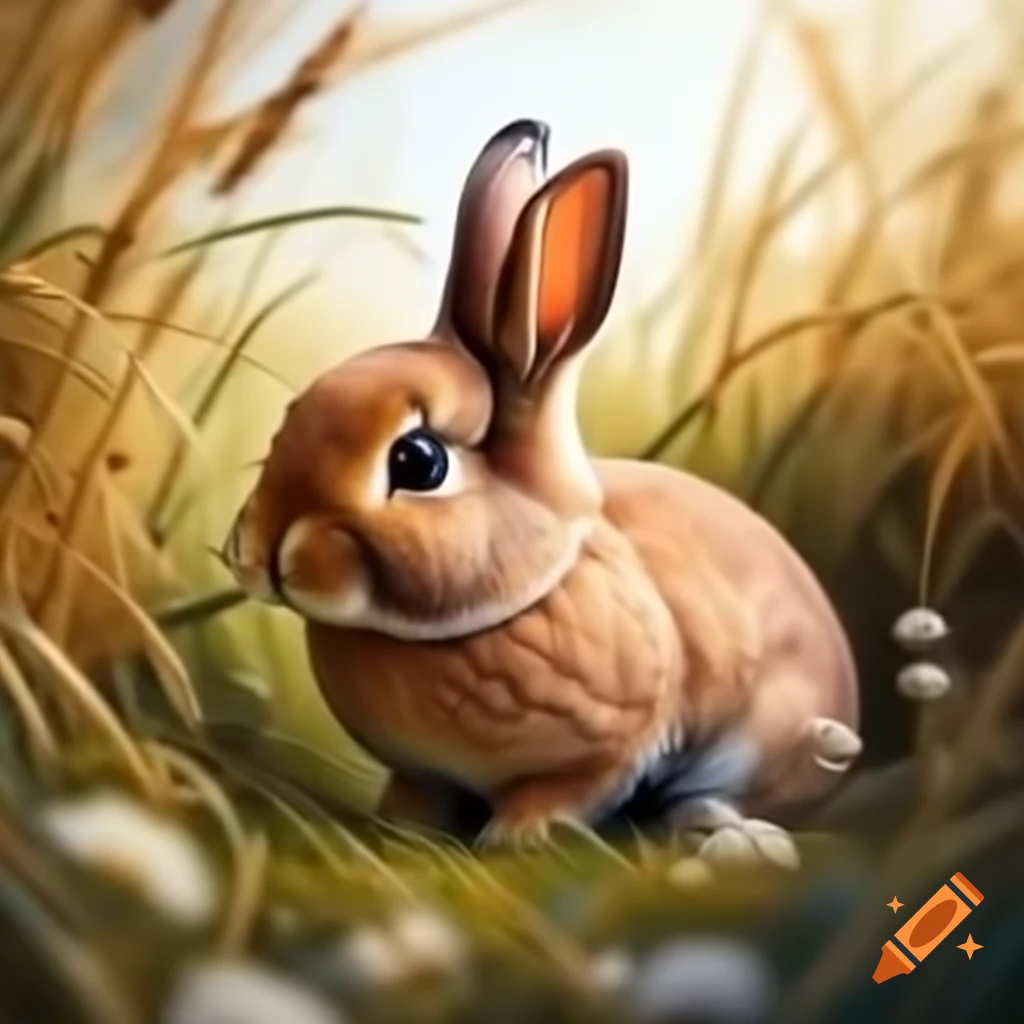 Fluffy brown bunny resting in a field from a distance