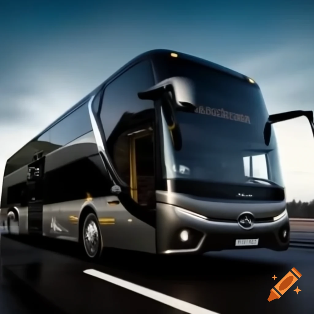 Luxurious bus with AAKIB TRAVELS logo gleaming under the sun on Craiyon