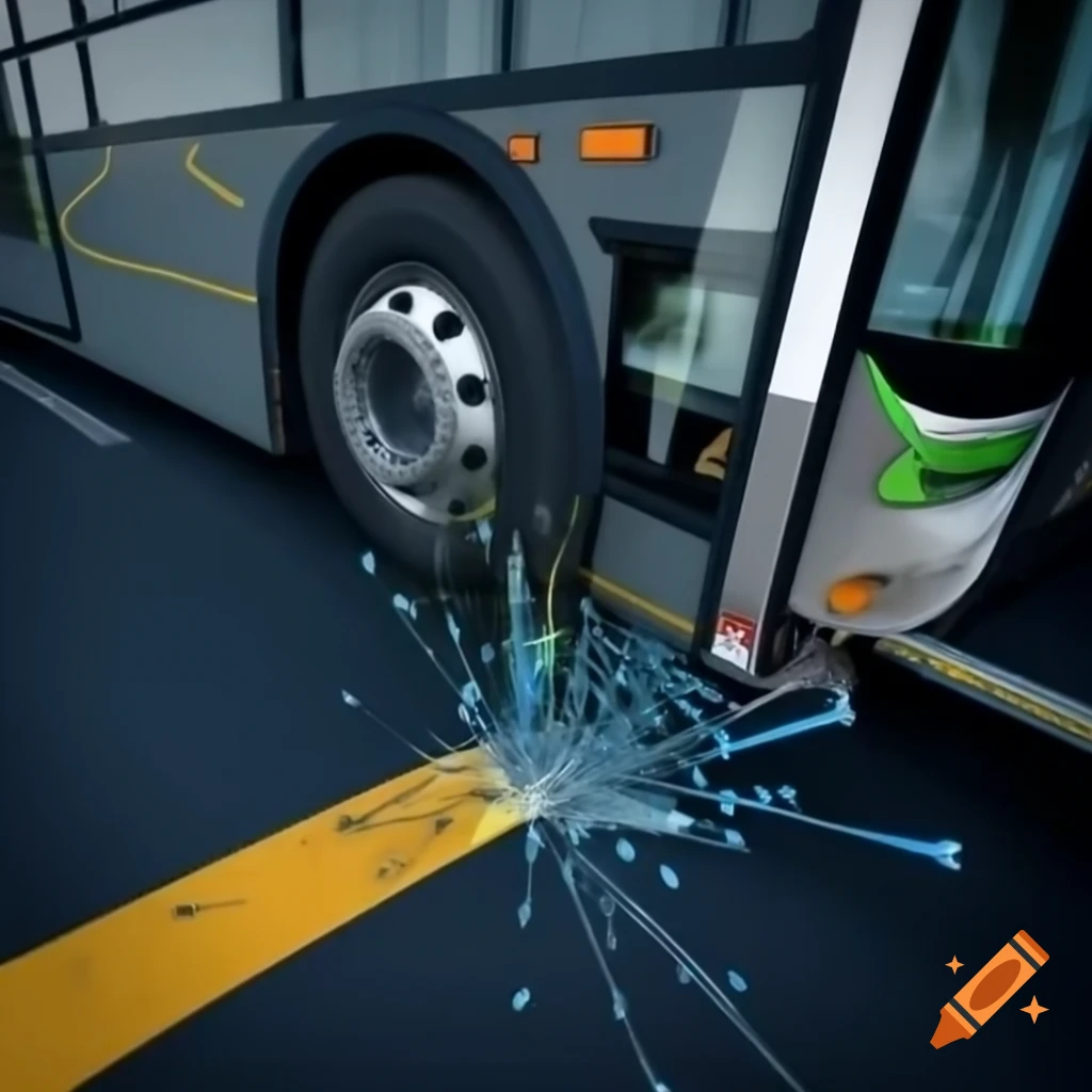 Visual representation of a road accident scene involving a bus and tractor-trolley
