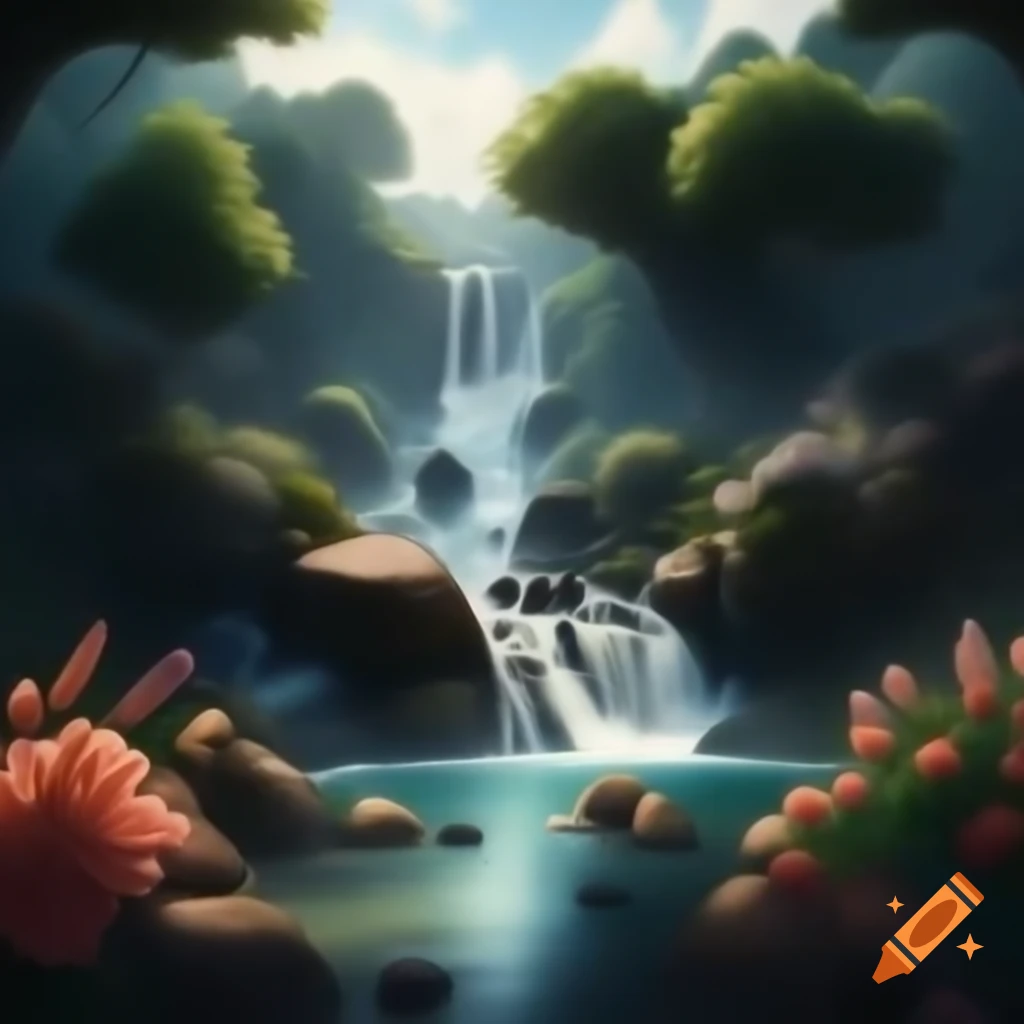 Cascading waterfall surrounded by greenery and vibrant flowers on Craiyon