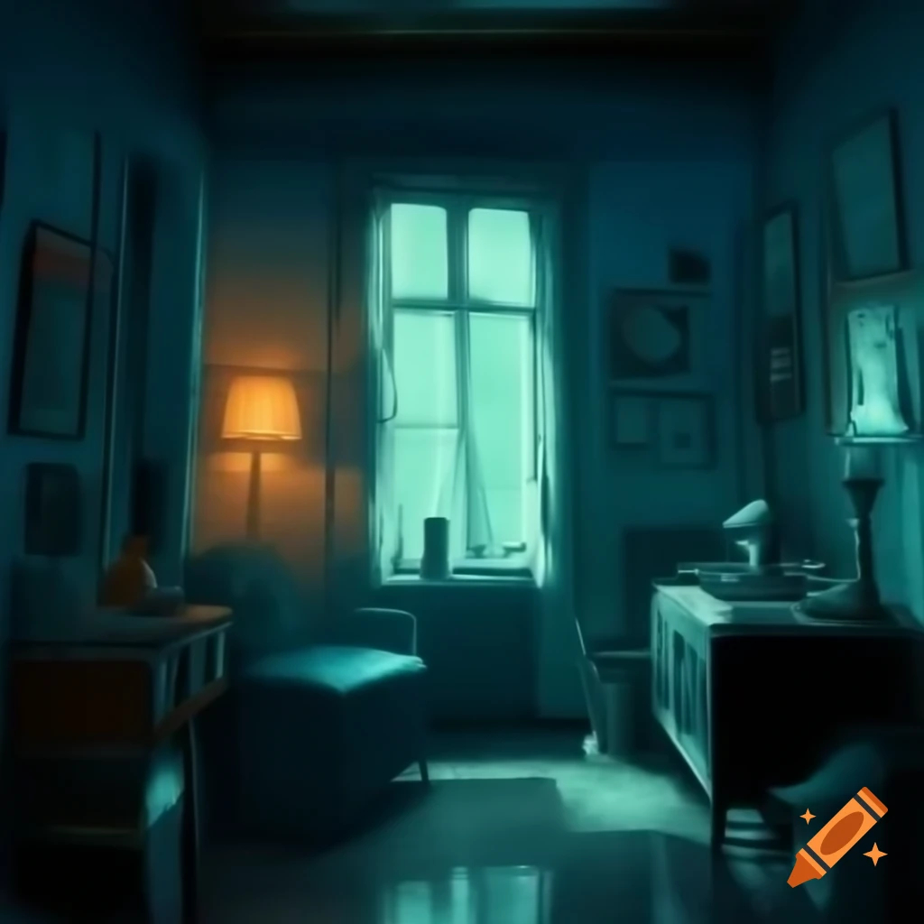 Cozy dimly lit room with vintage decor and rainy street view at night