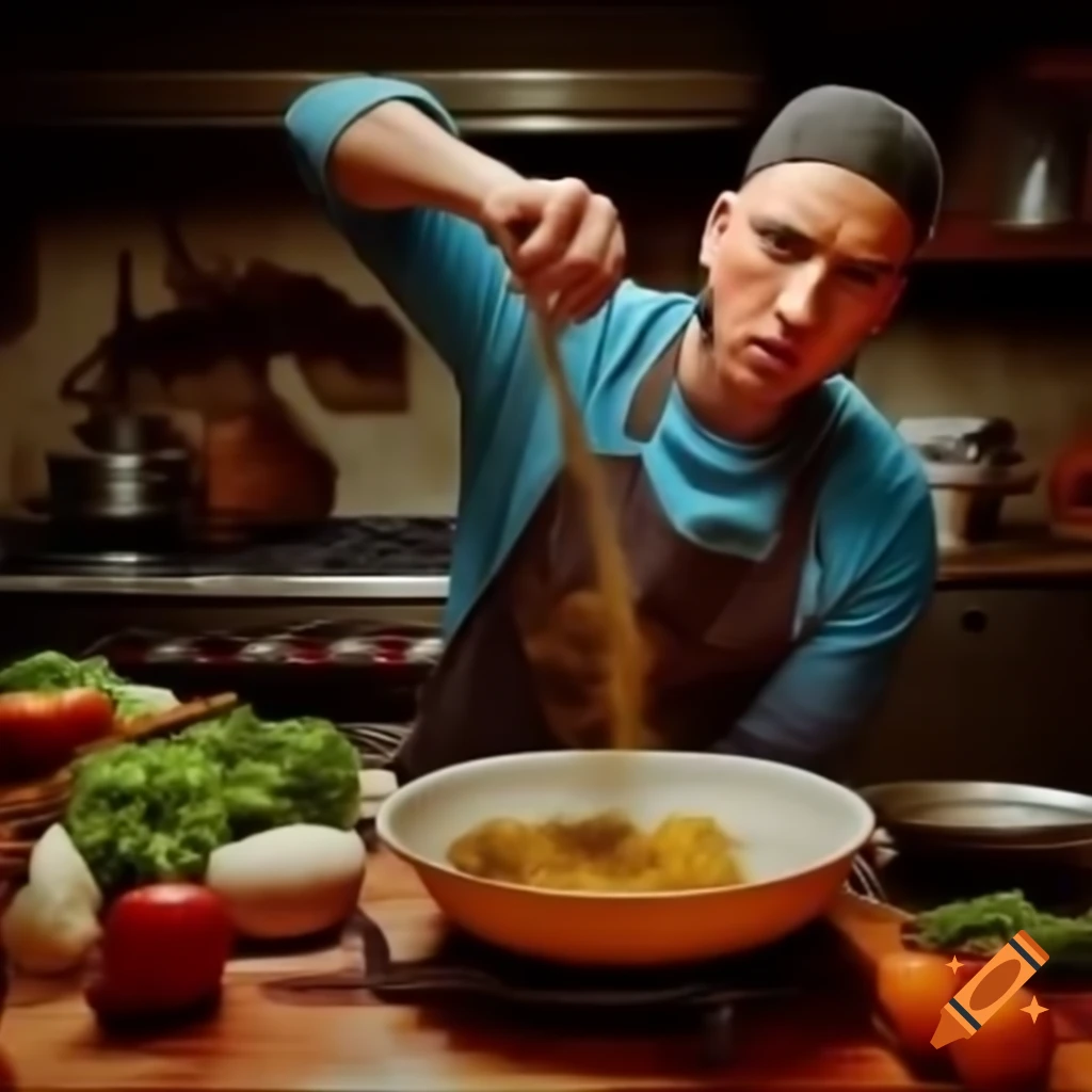 Eminem cooking in a restaurant kitchen on Craiyon