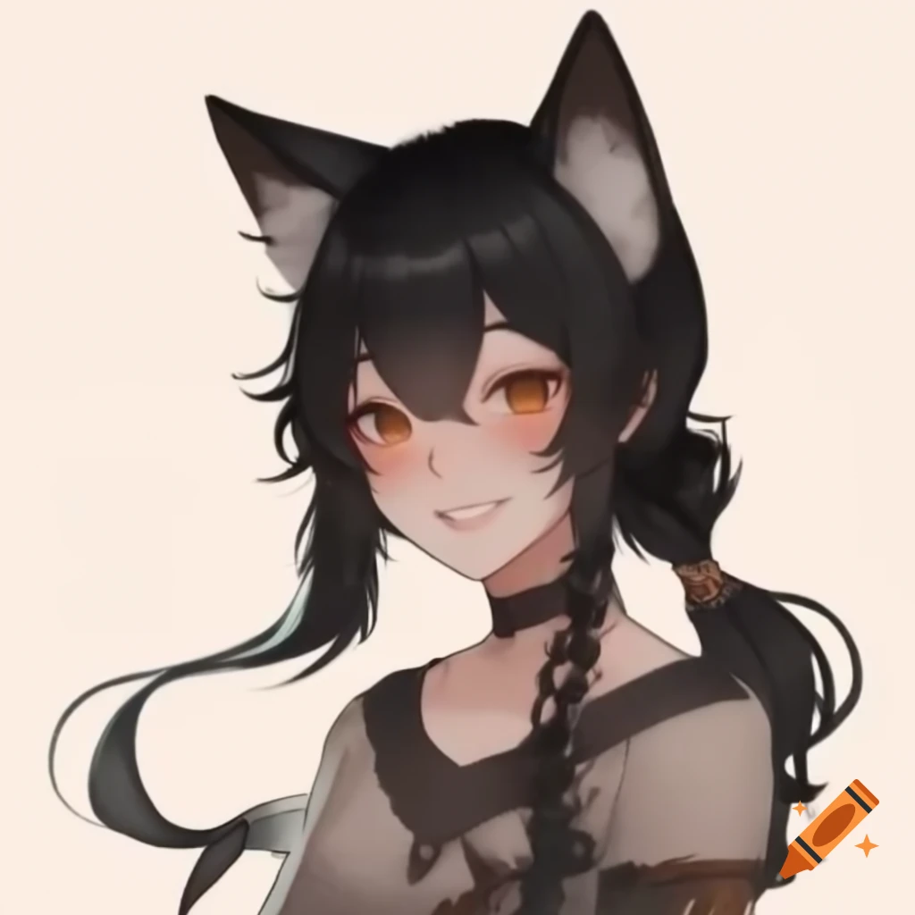 Kitsune character with fox ears and black braided hair, smiling in casual fantasy attire