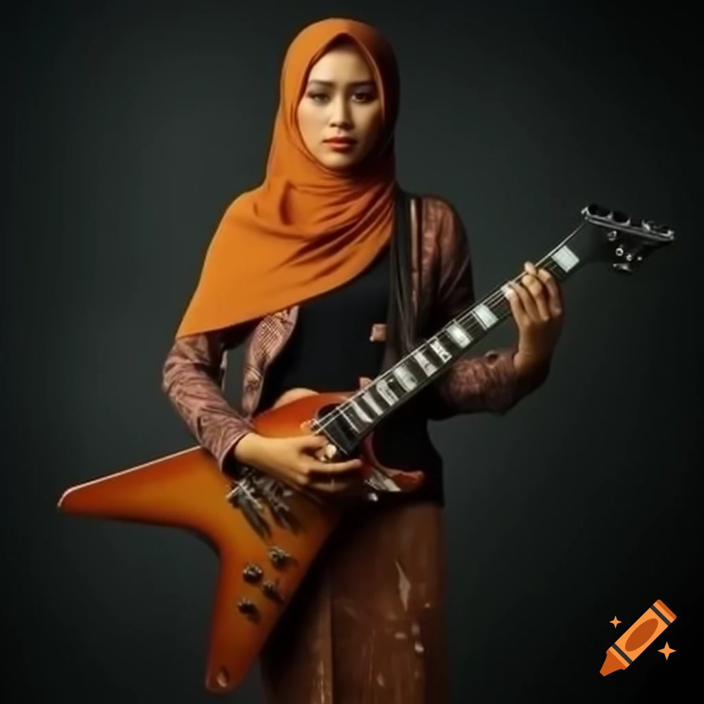 Style Lady Rocker Indonesia Indonesian woman in hijab with electric guitar showcasing rocker style ...