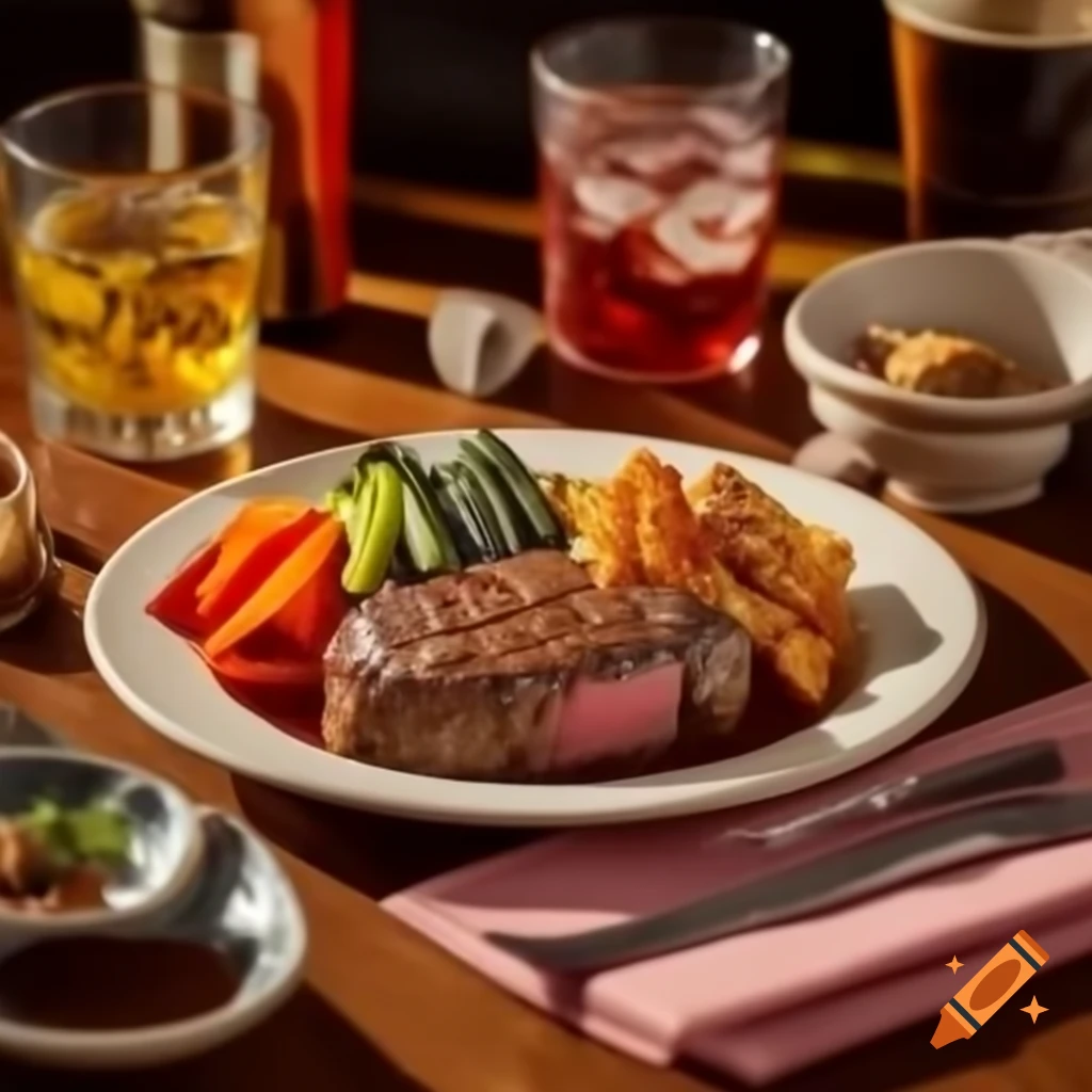 Delicious steak served with vegetables and drinks