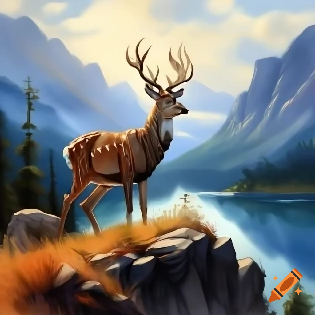 Majestic deer grazing by cliff overlooking serene lake and mountains, watercolor painting