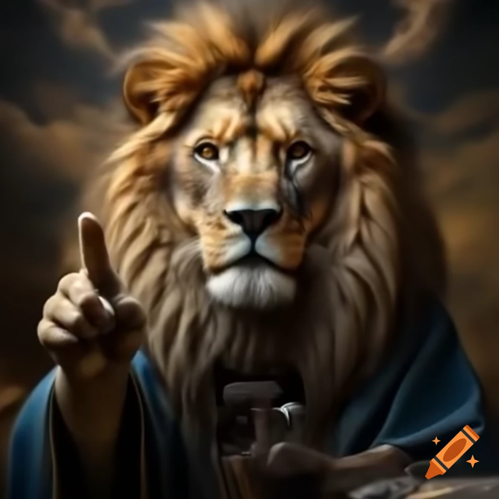 Lion looking at the camera with humorous text overlay on Craiyon