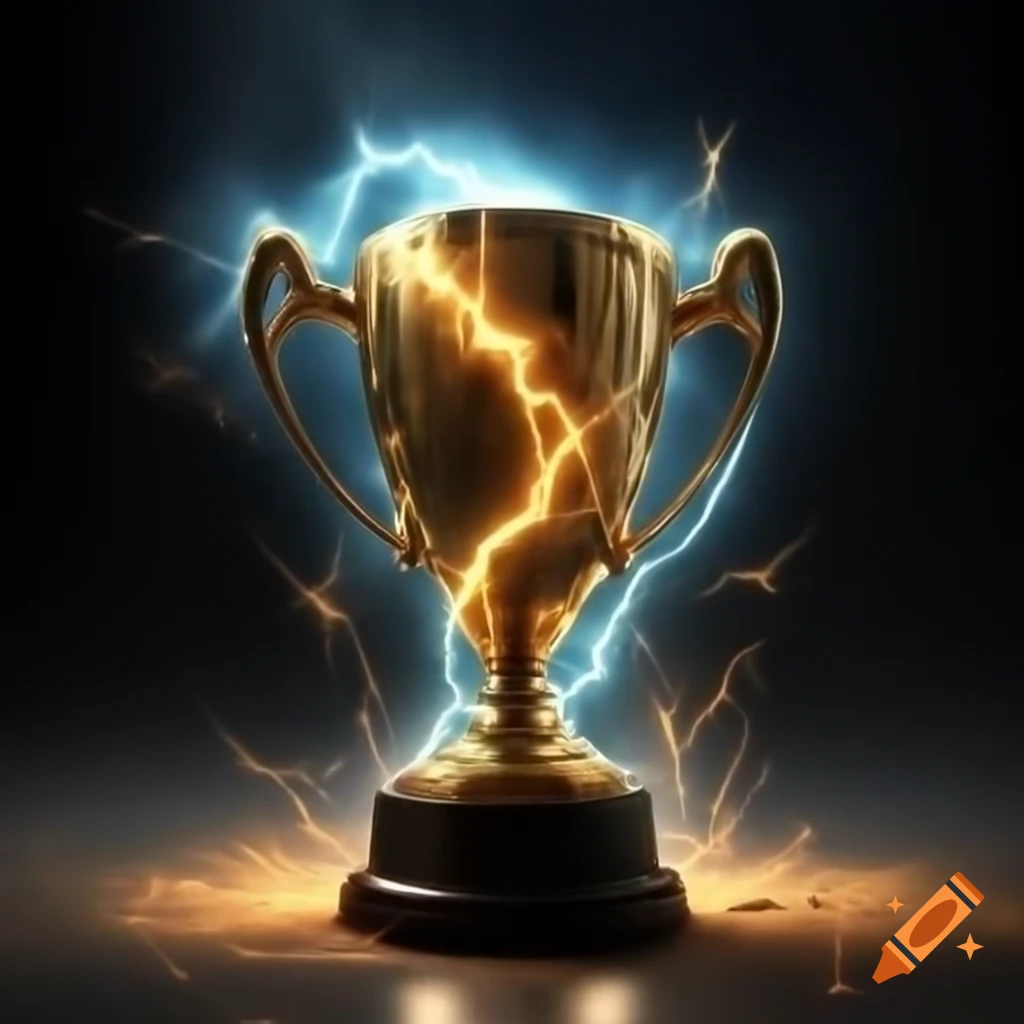 Trophy with hand gripping lightning bolt, symbolizing strength and energy
