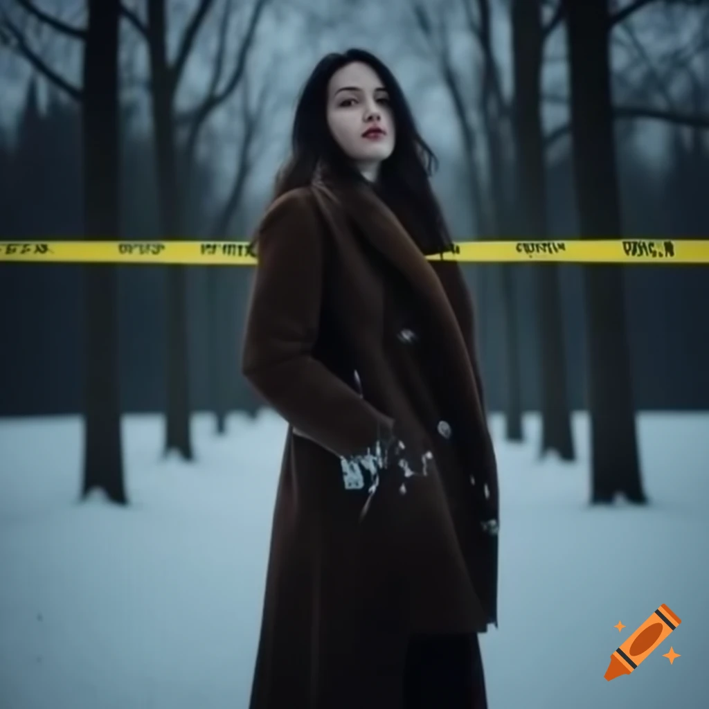 Women detectives in winter coats at snowy field with crime scene tape