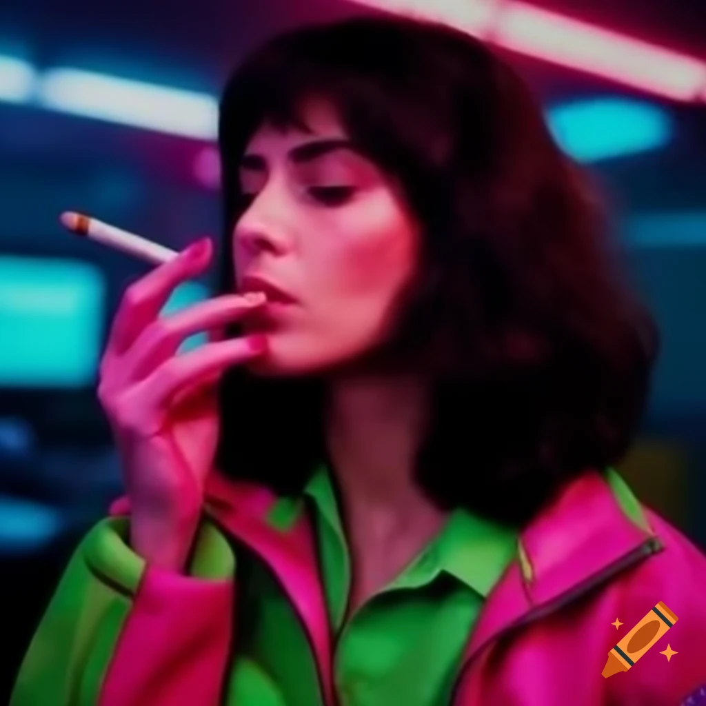Vaporwave office aesthetic featuring a person in pink and green jacket smoking cigarette