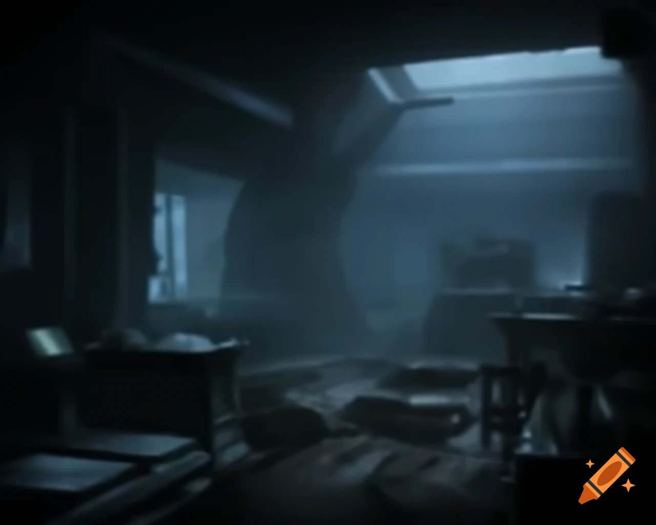 Eerie foggy workshop in dark sci-fi setting
