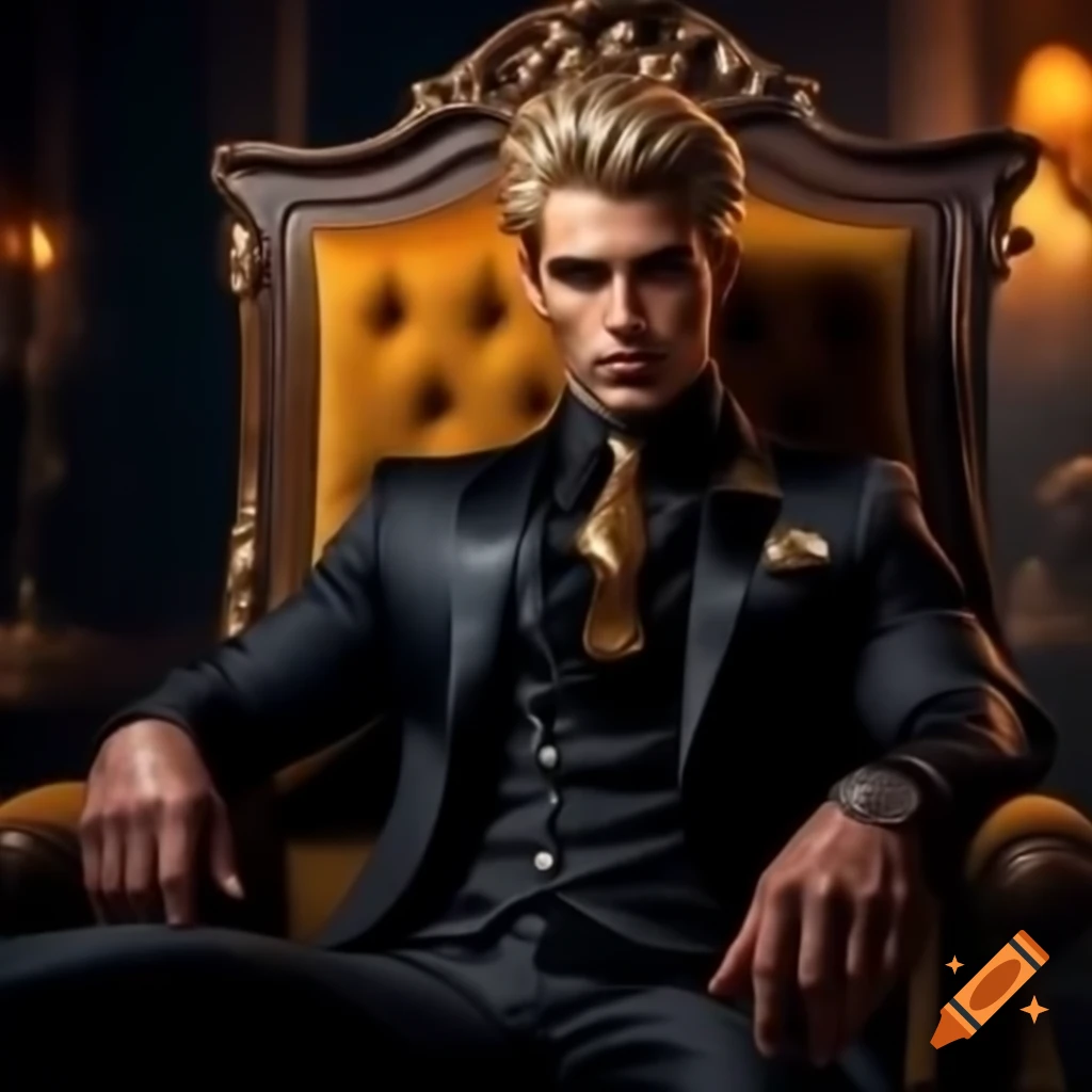 Handsome man in elegant black suit with wavy blond hair and piercing eyes