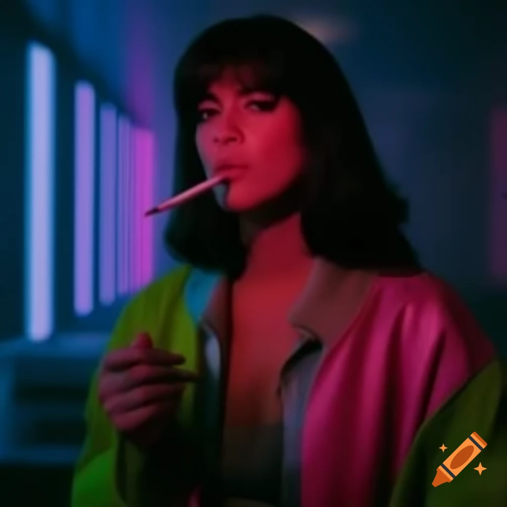 Vaporwave office aesthetic featuring a person in pink and green jacket smoking cigarette