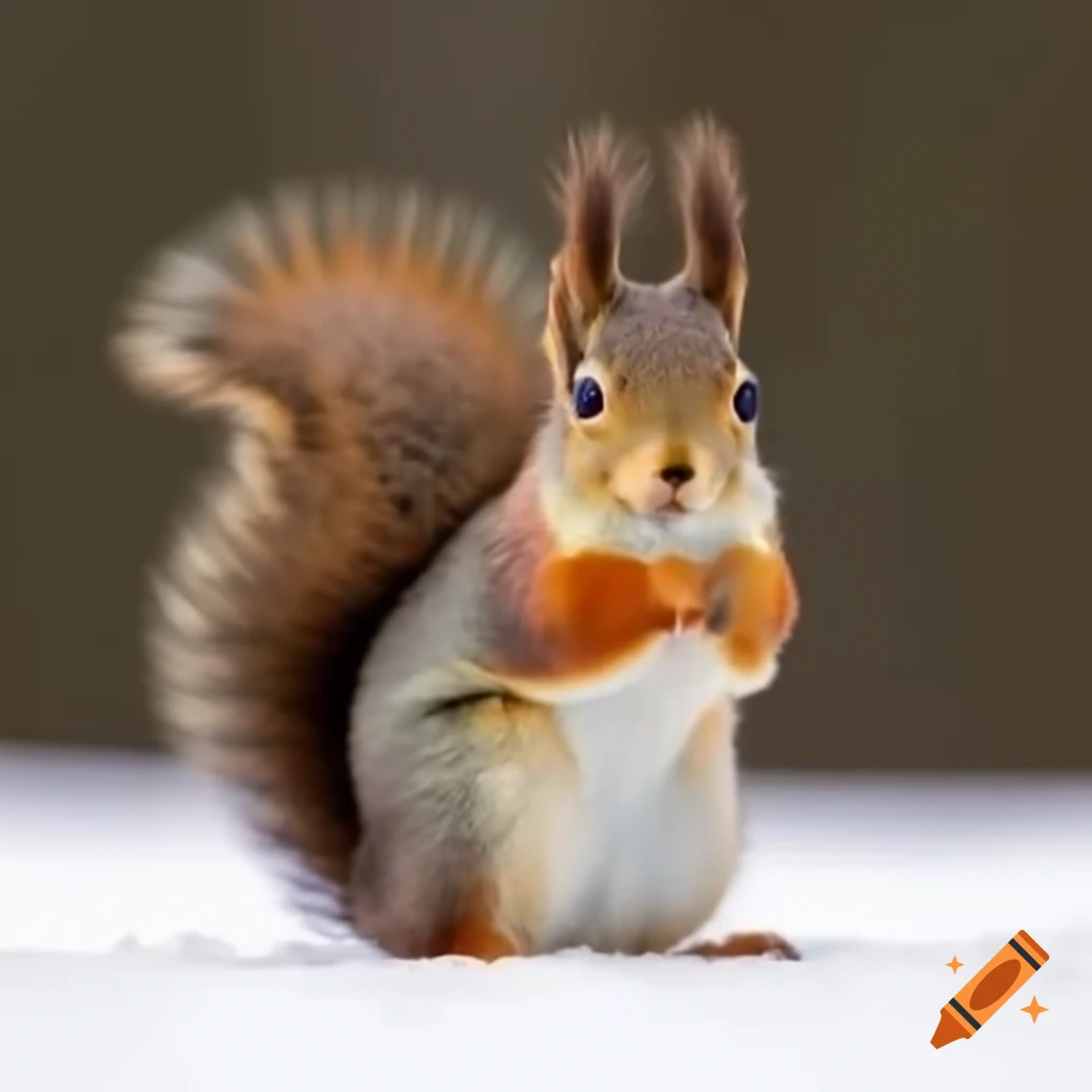 Charming New Year's card with smiling squirrel in winter landscape