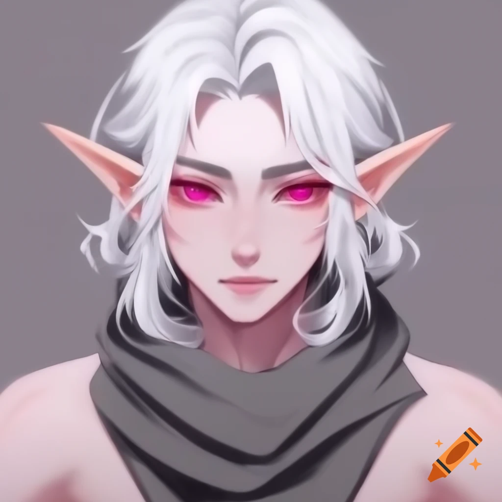 Anime-style elf with white hair and pink eyes wearing a grey scarf on ...