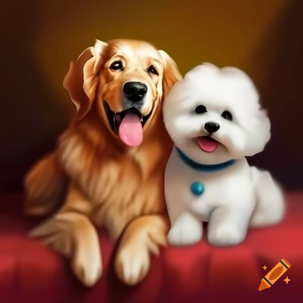 White Golden Retriever and Bichon Frise frolicking joyfully