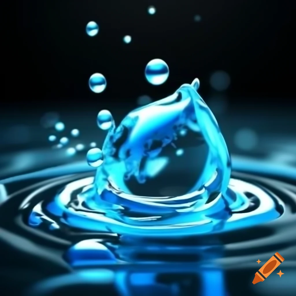 Close-up of swirling water droplets on a surface, light blue colors, dynamic digital art