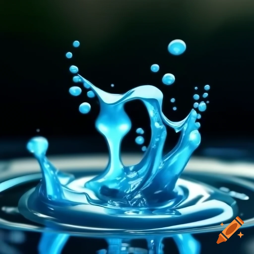 Close-up of swirling water droplets on a surface, light blue colors, dynamic digital art