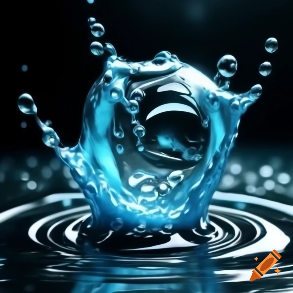 Close-up of swirling water droplets on a surface, light blue colors, dynamic digital art
