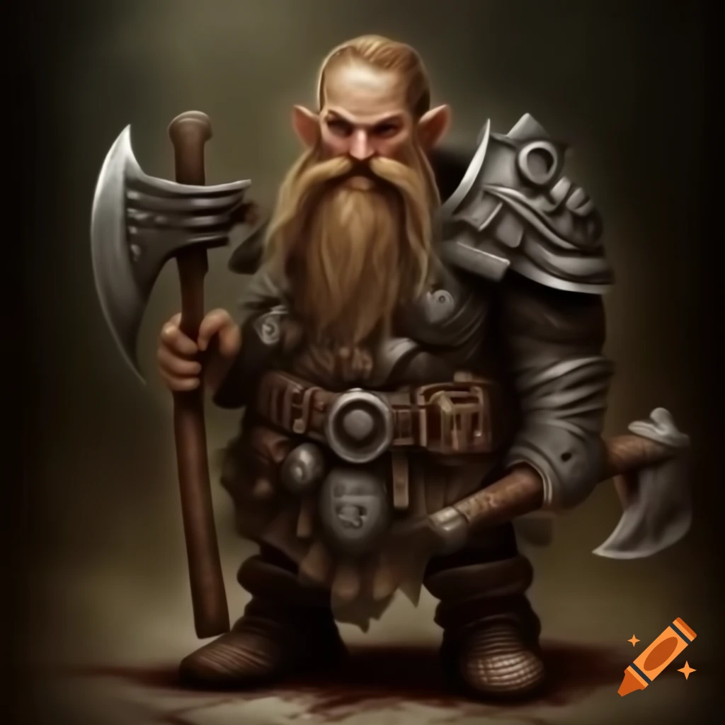 Detailed illustration of a two-axe human dwarf in dark fantasy vintage style