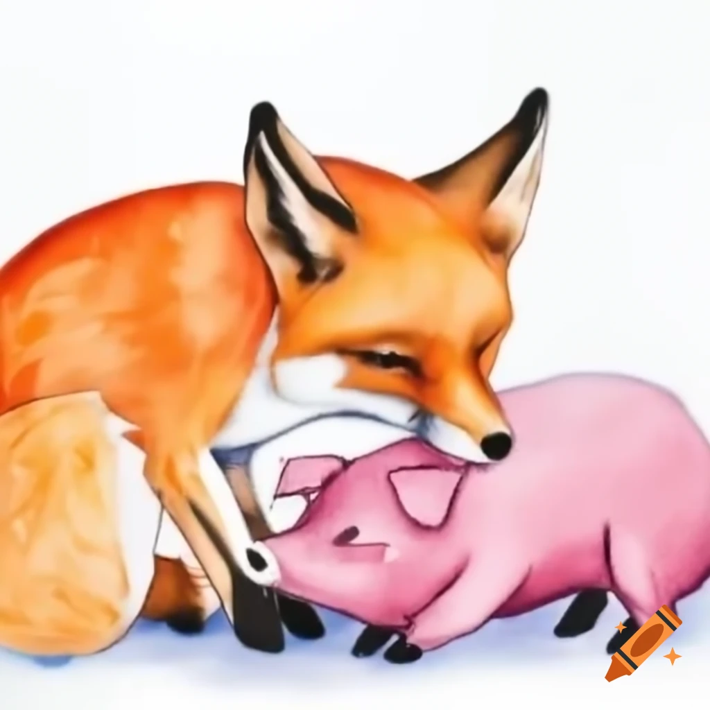 Fox approaches worried pig in cold environment, animated scene