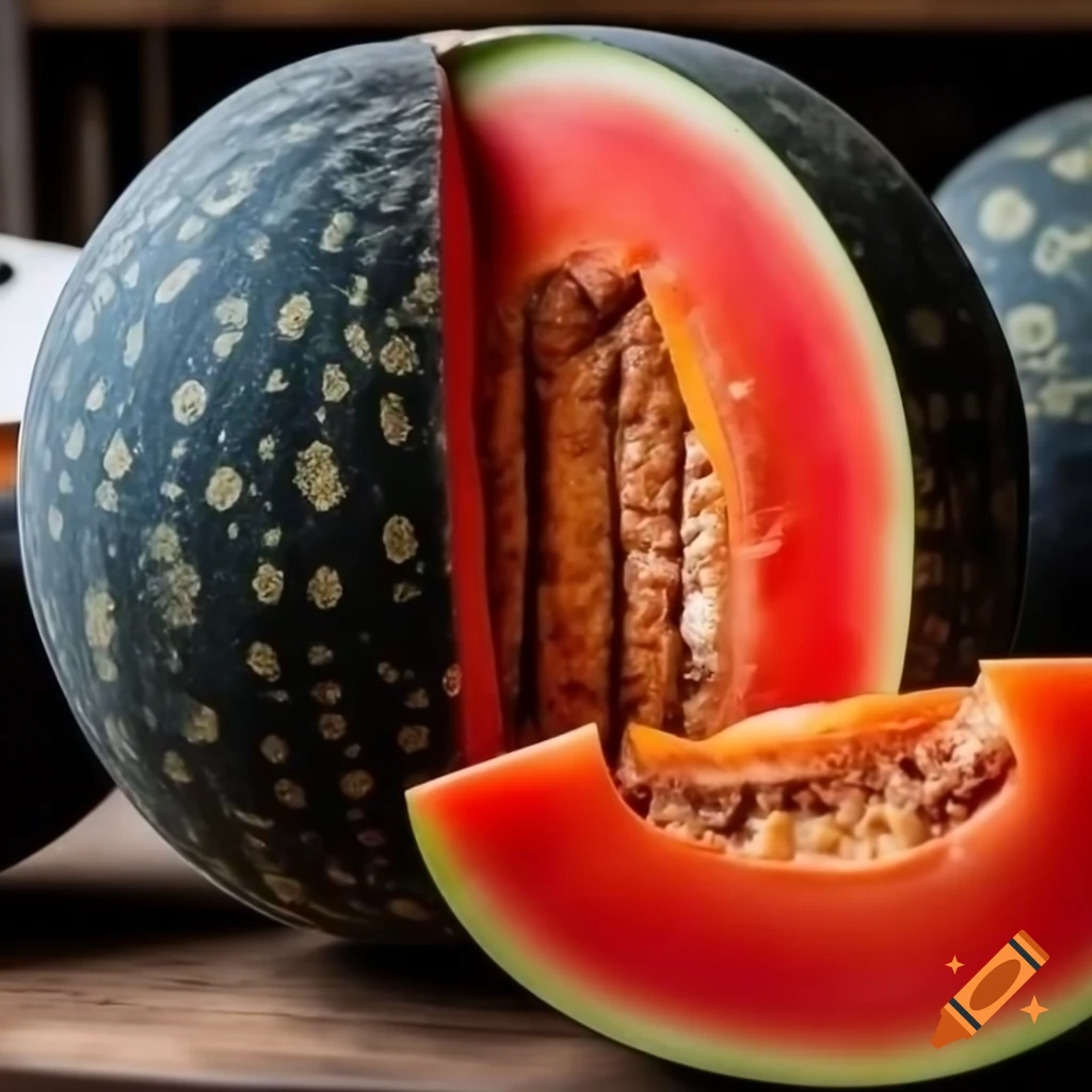 Black rind melon with vibrant orange-red flesh sliced in cafeteria