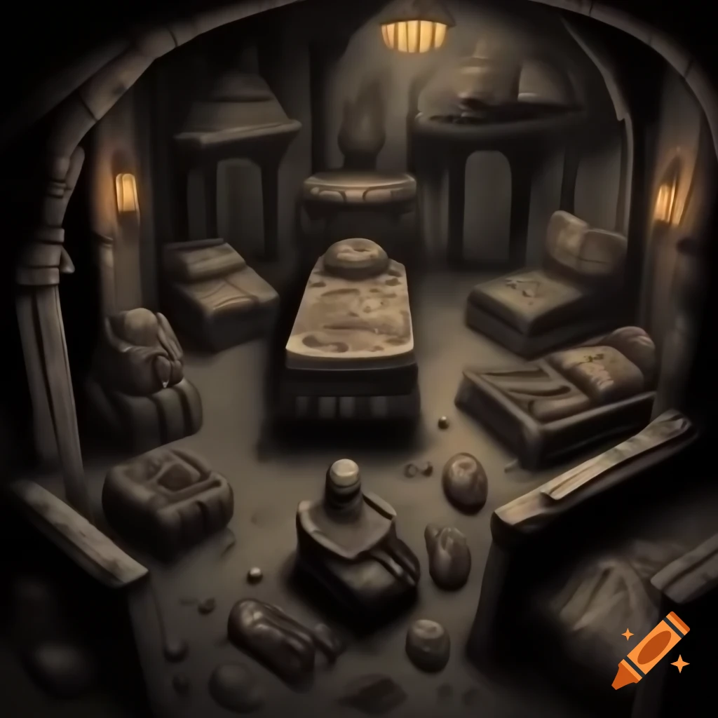 Detailed ink drawing of a dungeon keeper's lair with creature beds, vintage dark fantasy style