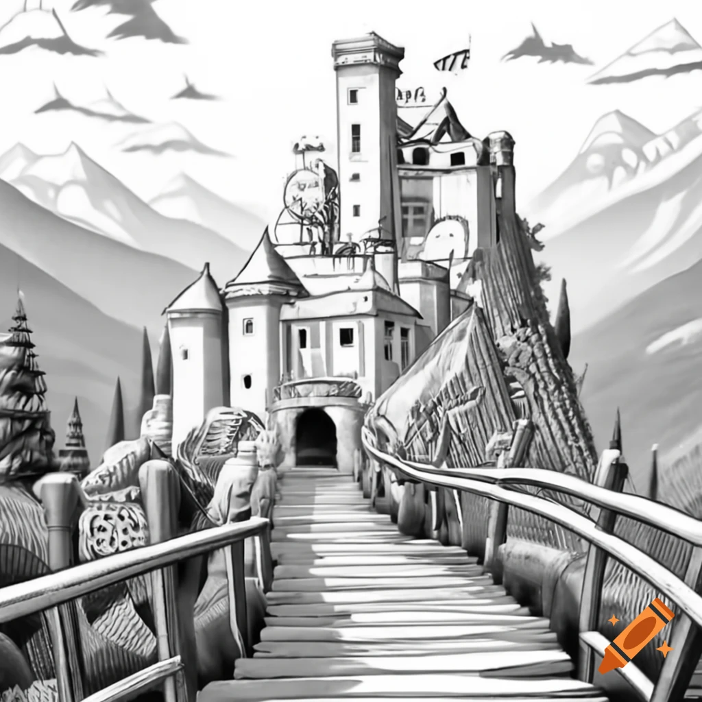 Enchanted Drawbridge Black and white scene of a castle on a hill with flags, surrounded by ...