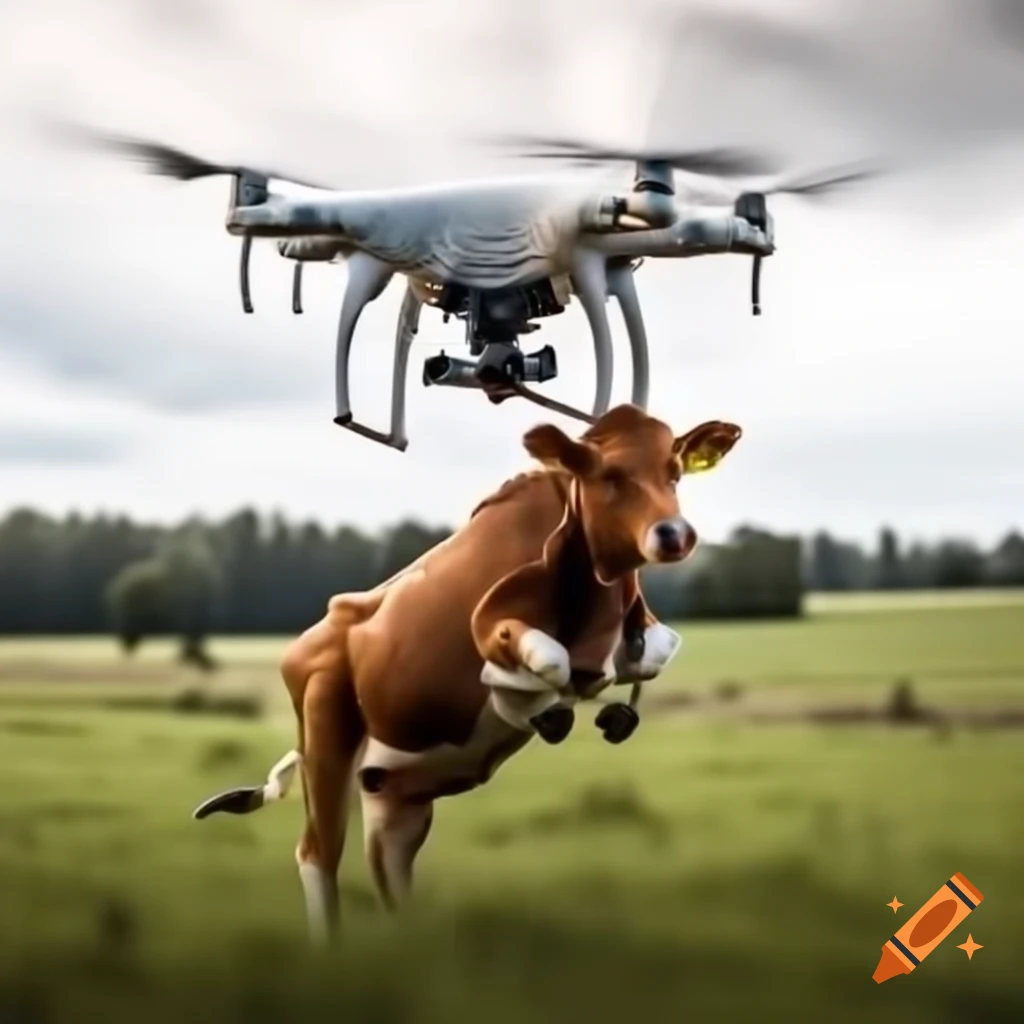 Cow grazing while being lifted by a large drone