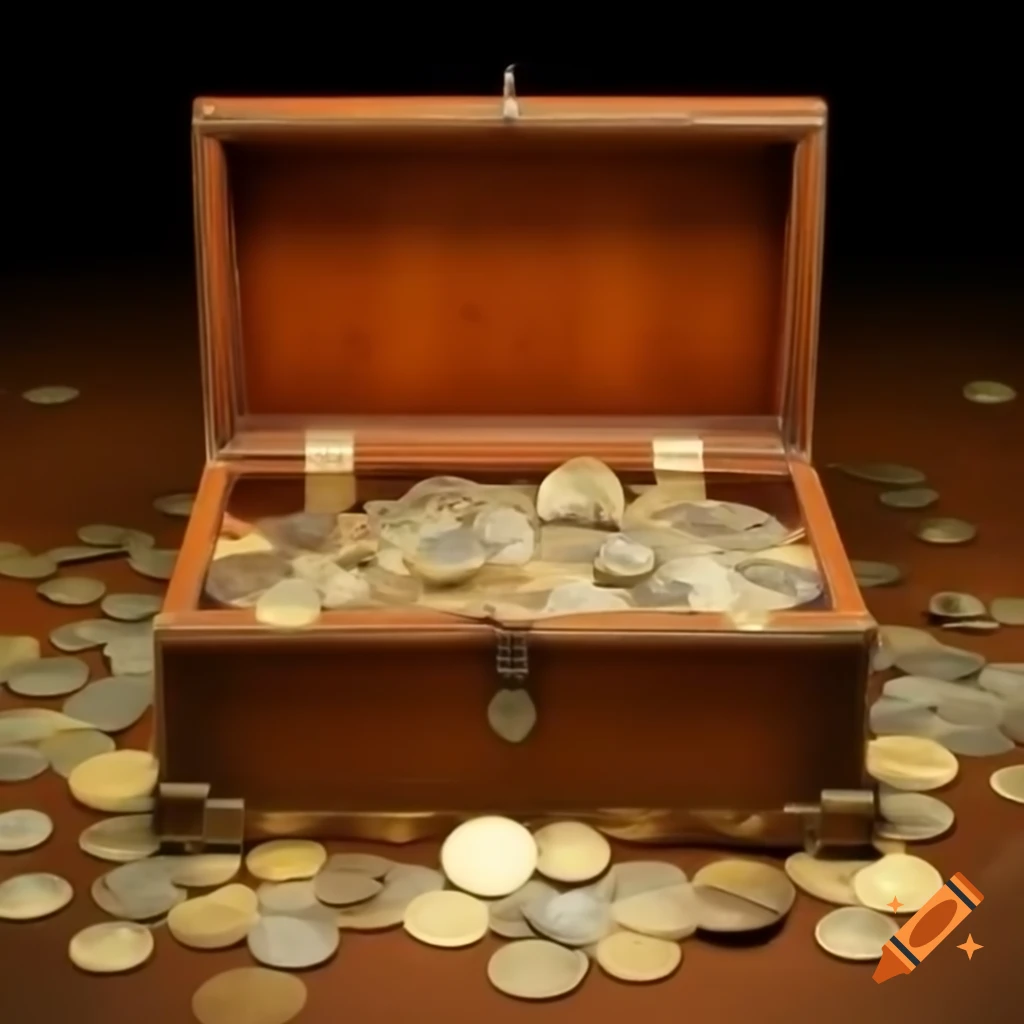 Empty treasure chest with historical gold and silver coins