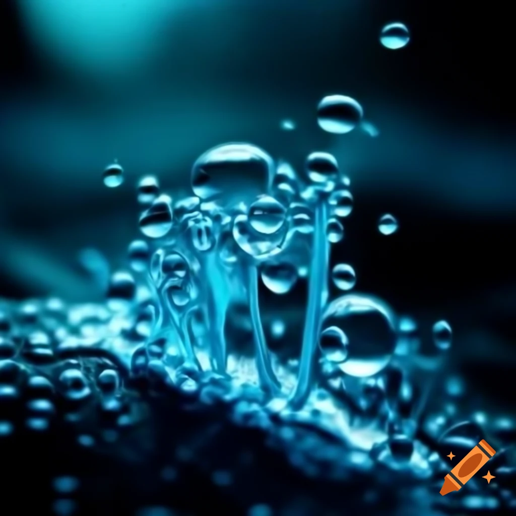Close-up of swirling water droplets on a surface, light blue colors, dynamic digital art