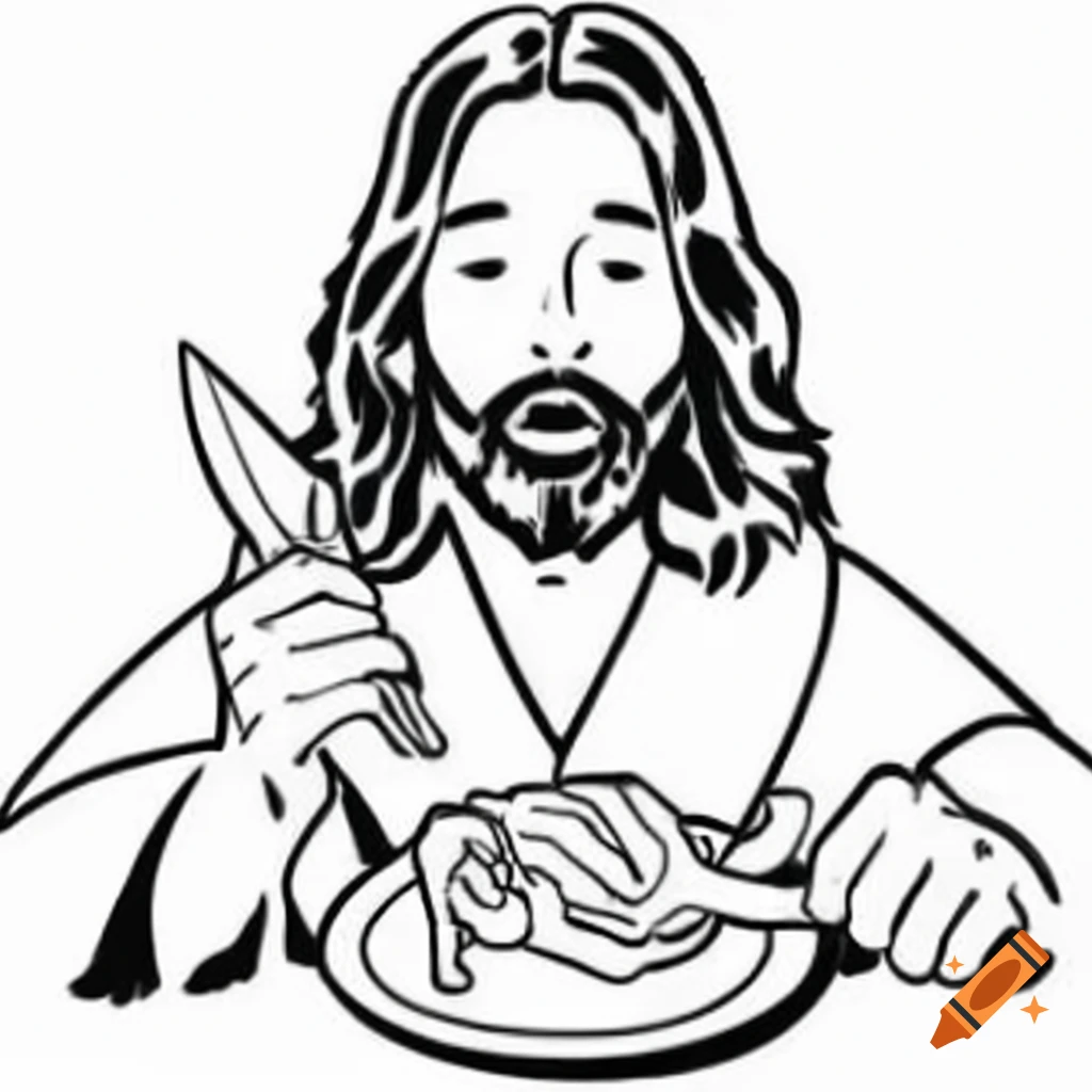 Black and white comic depicting a humoristic scene of Jesus eating lamb chops