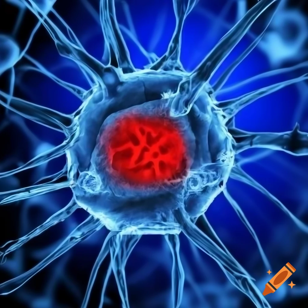 Close-up of cell phone with red light and water droplets against blue backdrop, digital art