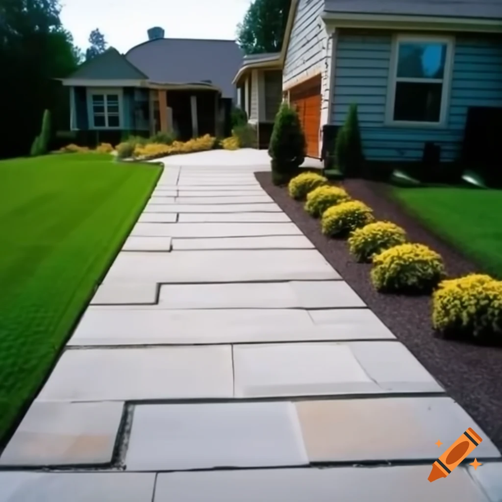 Stone pathway leading to house with flowerbed on the right