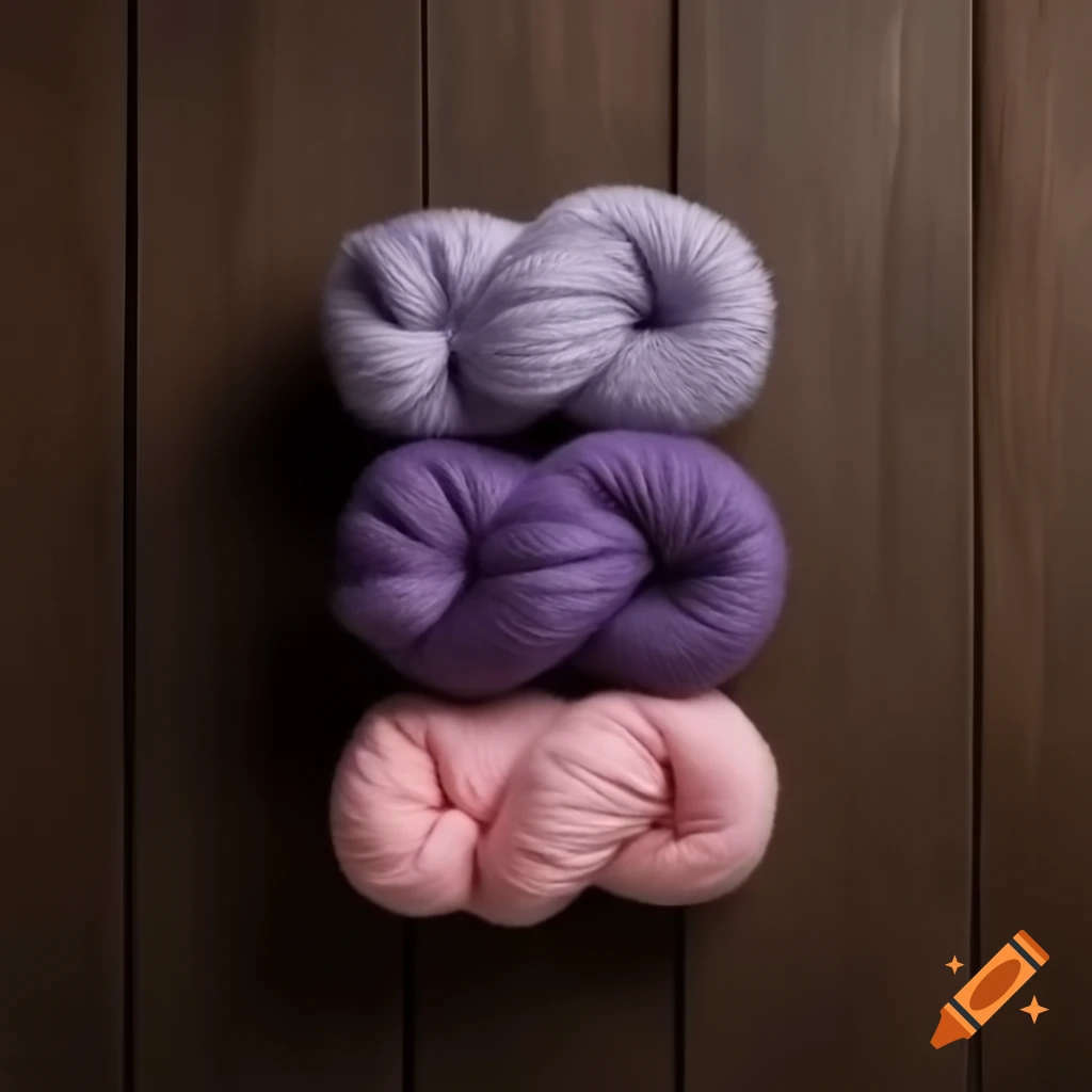 Three balls of colorful knitting yarn in violet, pink, and off-white on dark wooden table