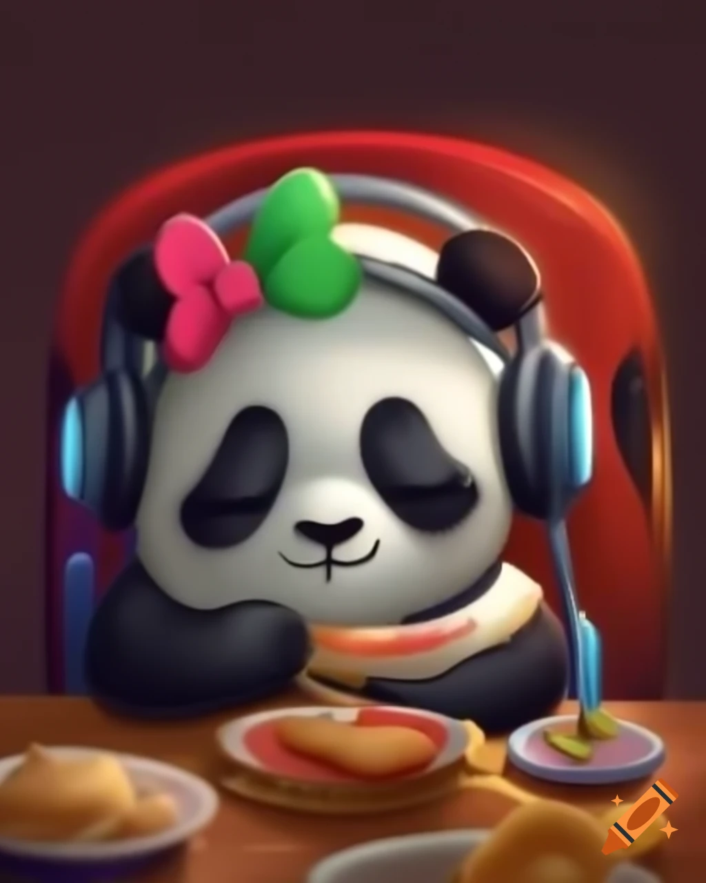 Cute baby panda gamer girl sleeping happily with food and a bow in her hair