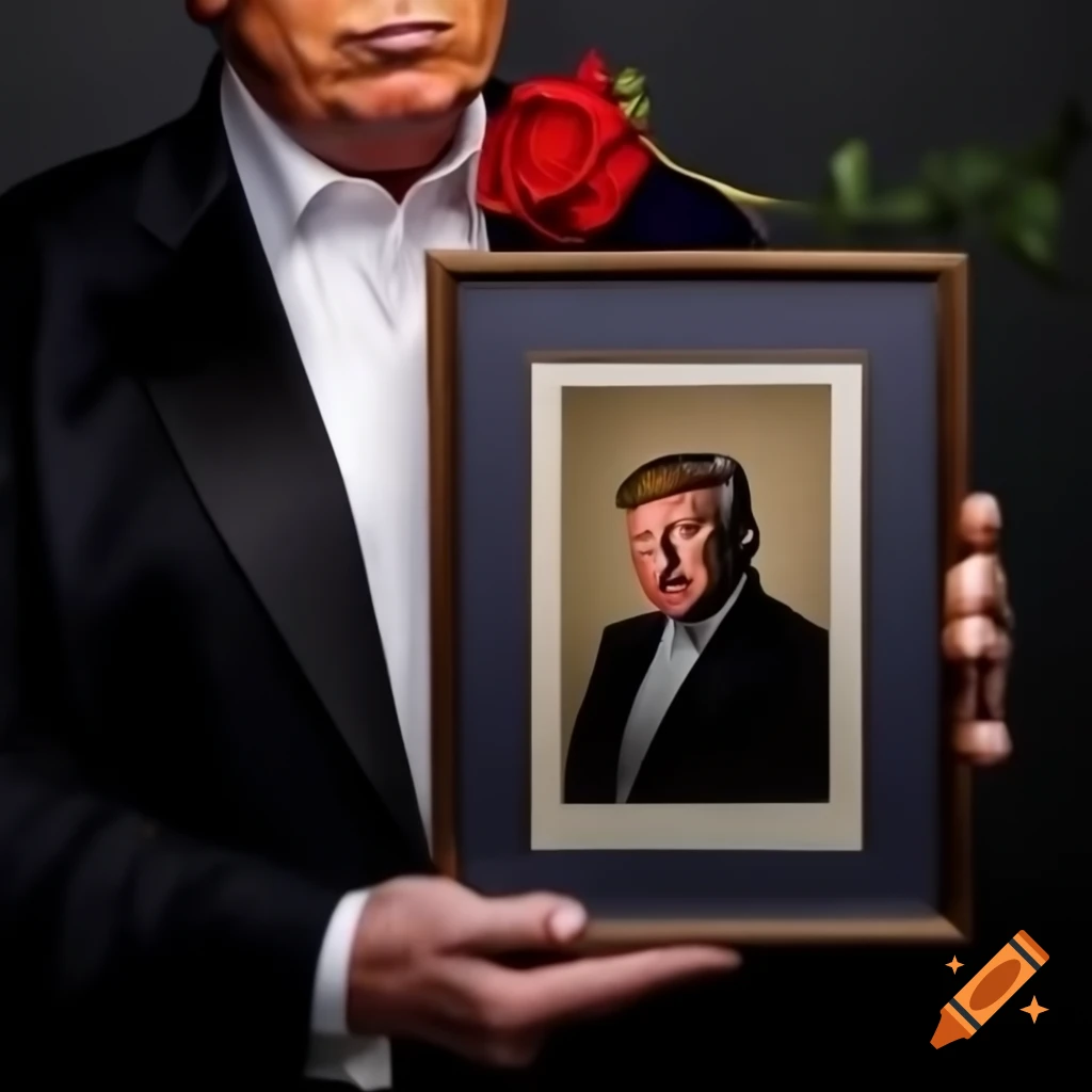 Elon Musk holding framed portrait of Donald Trump inside brandy snifter with rose, humorous and detailed