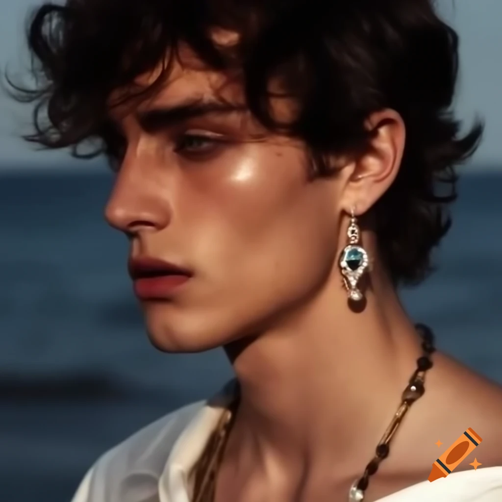 Handsome young man with purple eyes and casual white outfit, inspired by Greek mythology