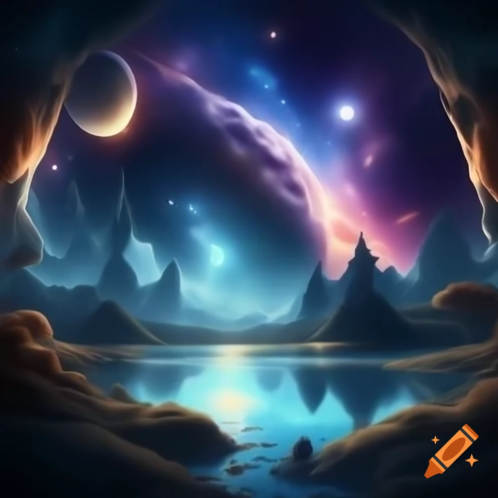 High-definition surreal landscape with cosmic sky and reflective lake ...