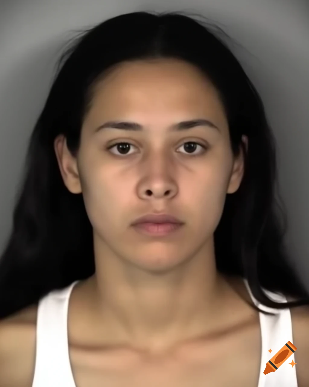 Photorealistic mugshot of a young female in white tank top and blue jeans
