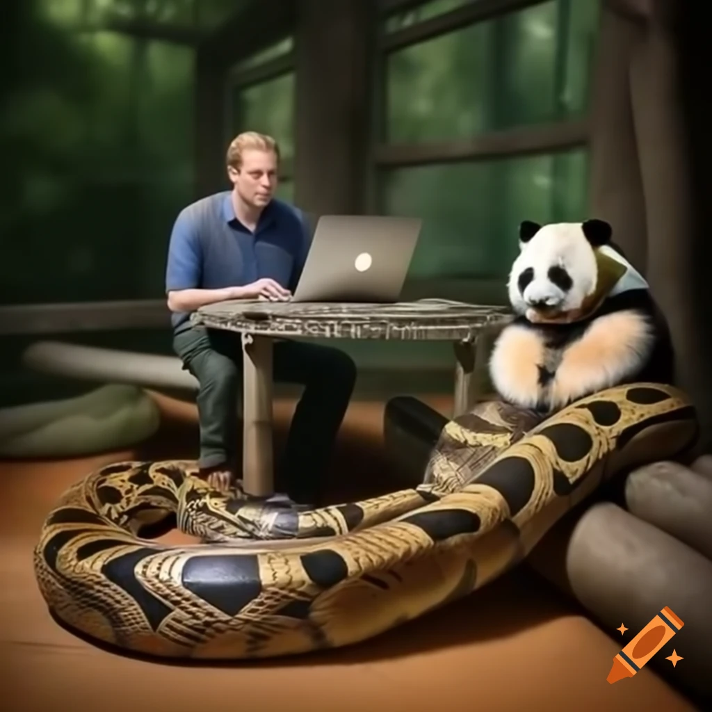 Python snake curling around programming enthusiast in zoo with panda lounging