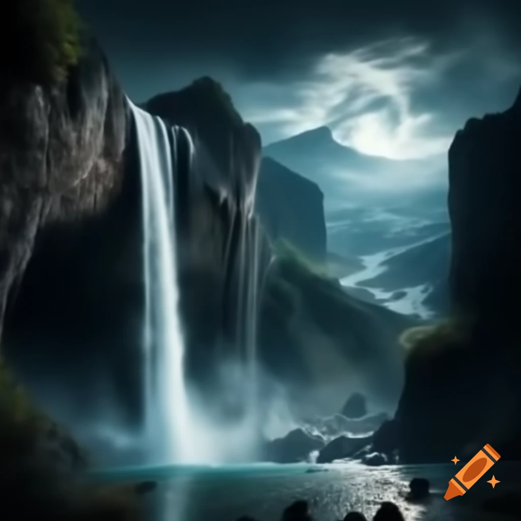Serene view of a waterfall illuminated by full moon