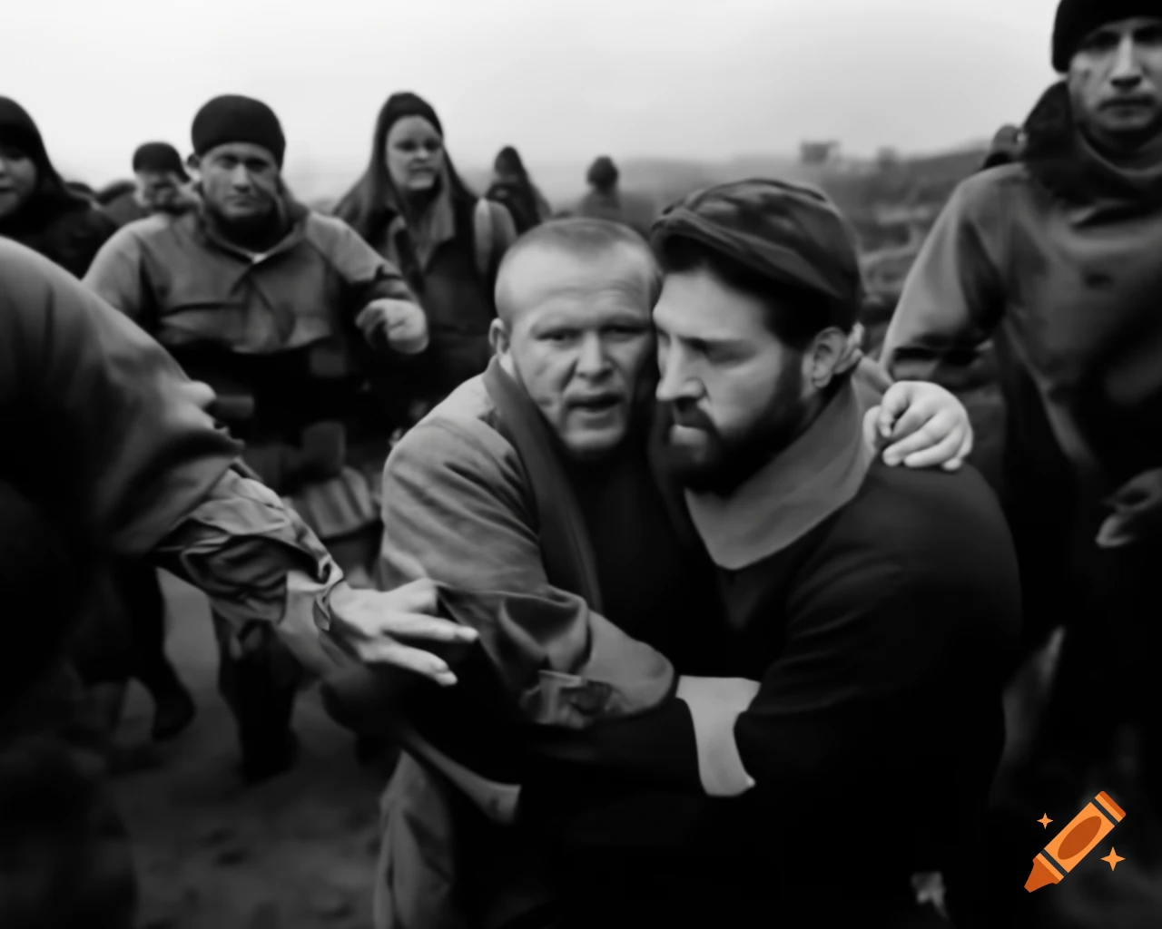 Intense conflict scene inspired by Robert Capa's war photography