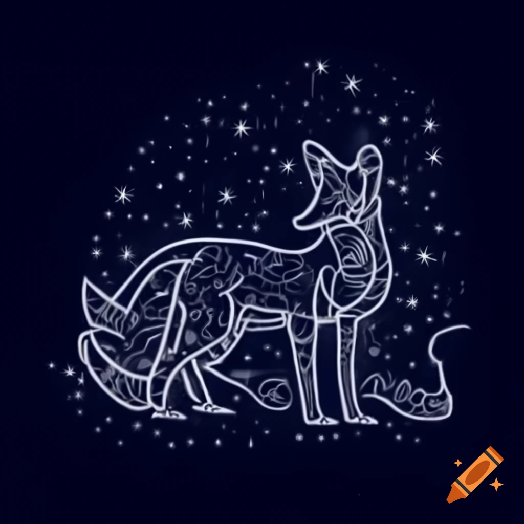 Fox sleeping under starry sky with constellations in black and white on ...