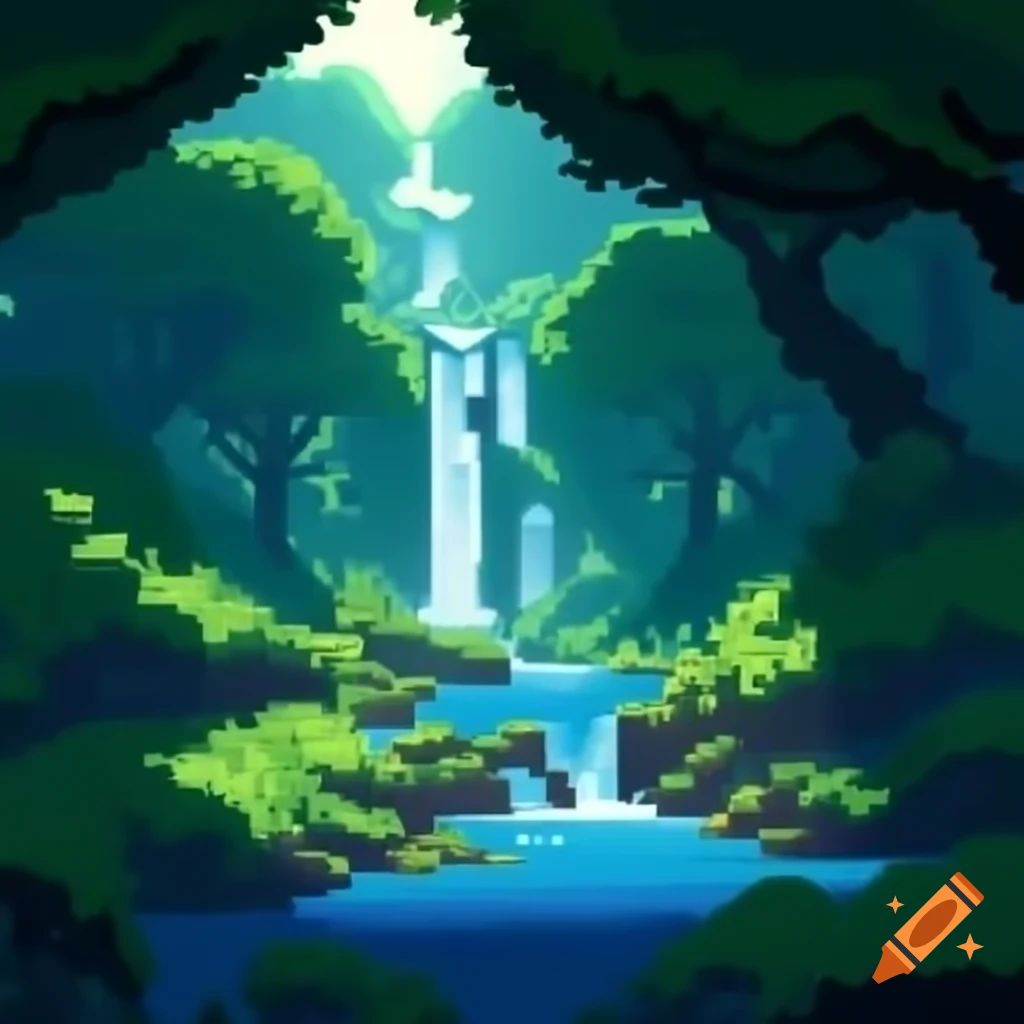 Beautiful forest pixel art showcasing different lighting and a waterfall
