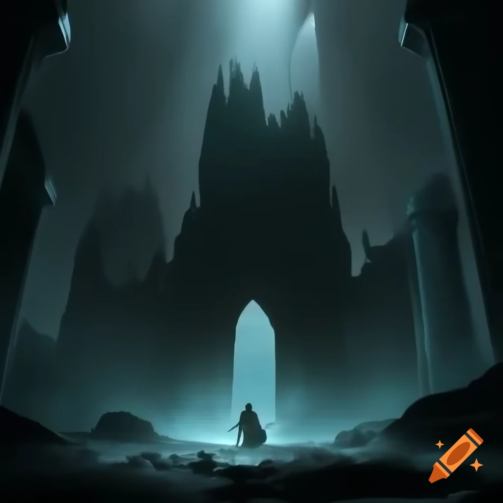 Macabre keep amidst towering rocks in misty night, Dungeons and Dragons art