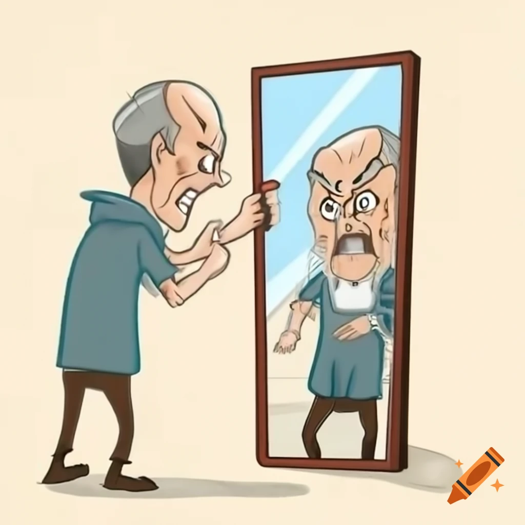 Monstrous reflection in mirror revealing mundane middle-aged man