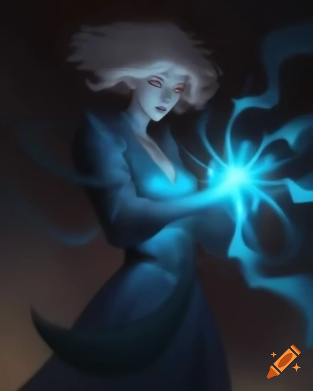 Mysterious figure glowing with blue energy and ethereal aura on Craiyon